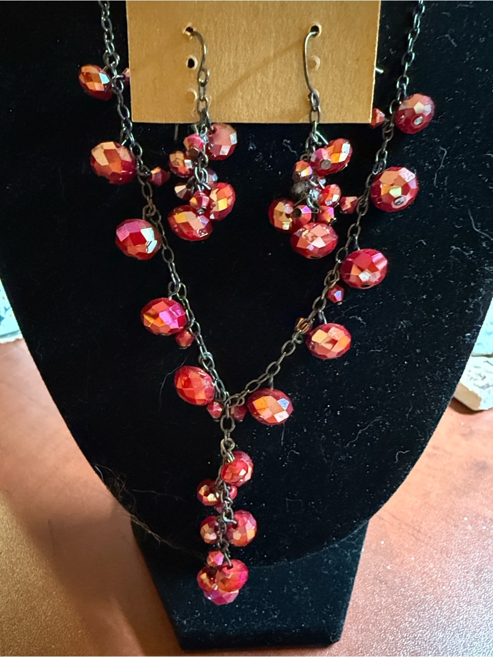 Faceted Red Bead Drop Necklace & Earrings Set- Women Jewelry